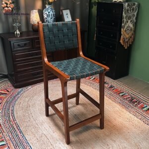 Vintage Style Saddle Leather High Stool Solid Wood Chair